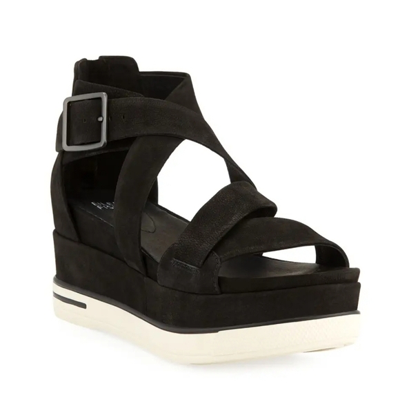 EILEEN FISHER Boost Leather Platform Sandals, Color Black and white, Size 9 - Picture 1 of 13